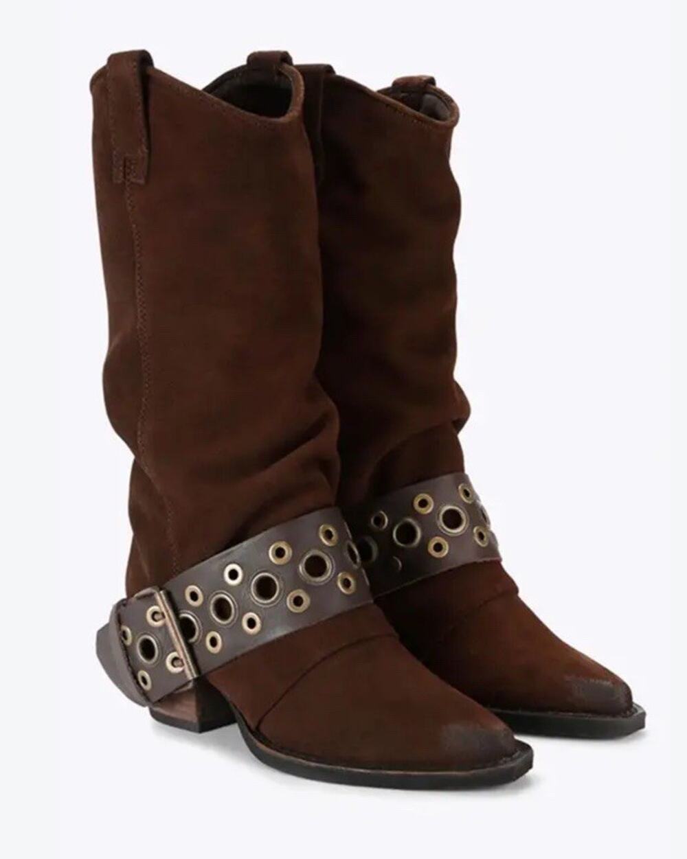 Steve Madden Ashwood Brown Suede Western Moto Boots Grommet Belt Size 10